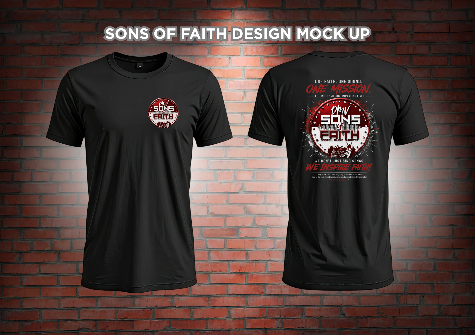 Left-Chest Crest Tee — Black front and back mockup
