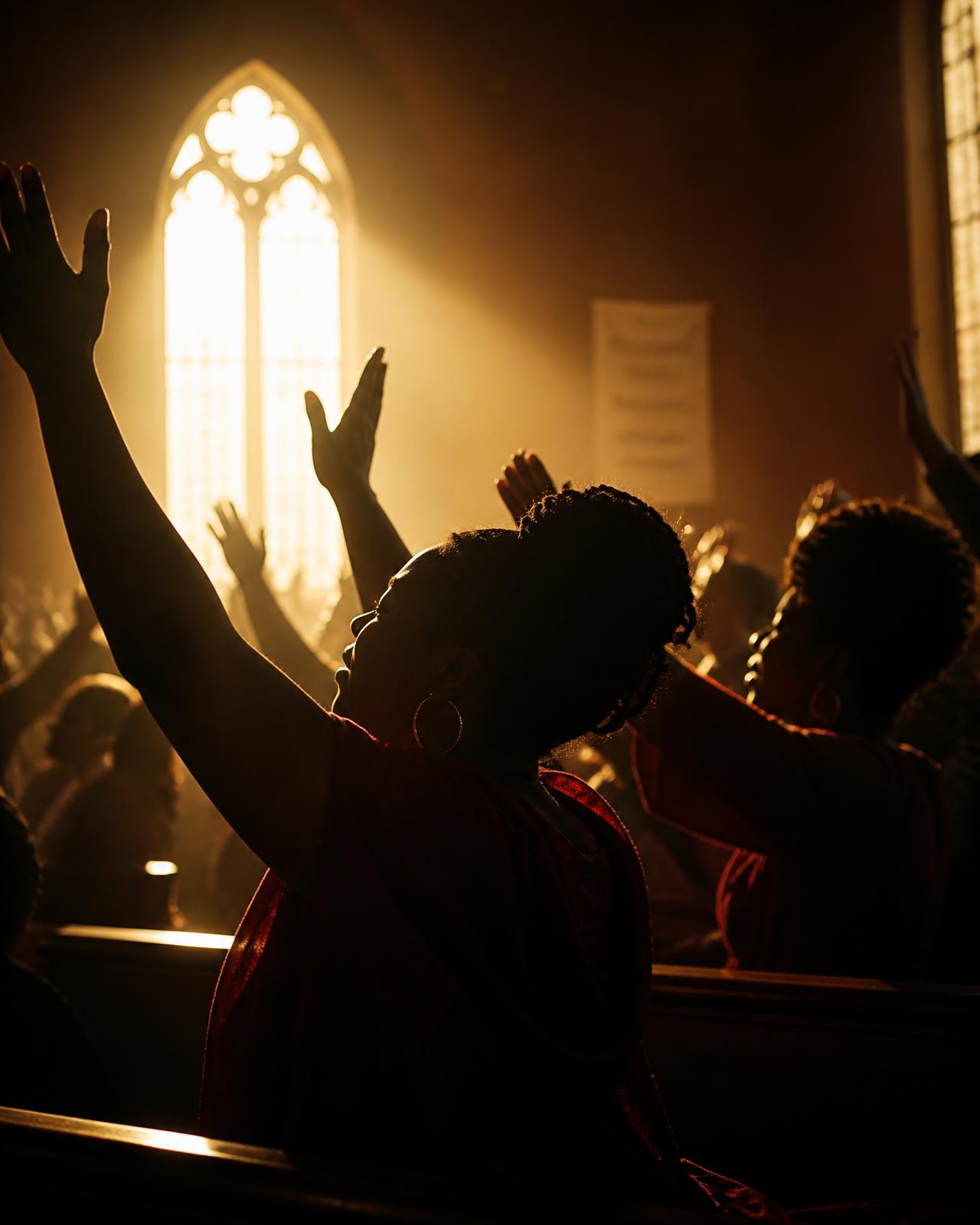 Congregation with hands raised in worship