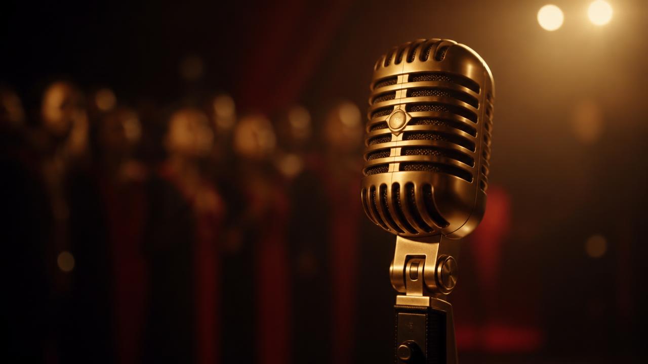 Gold vintage microphone under stage light